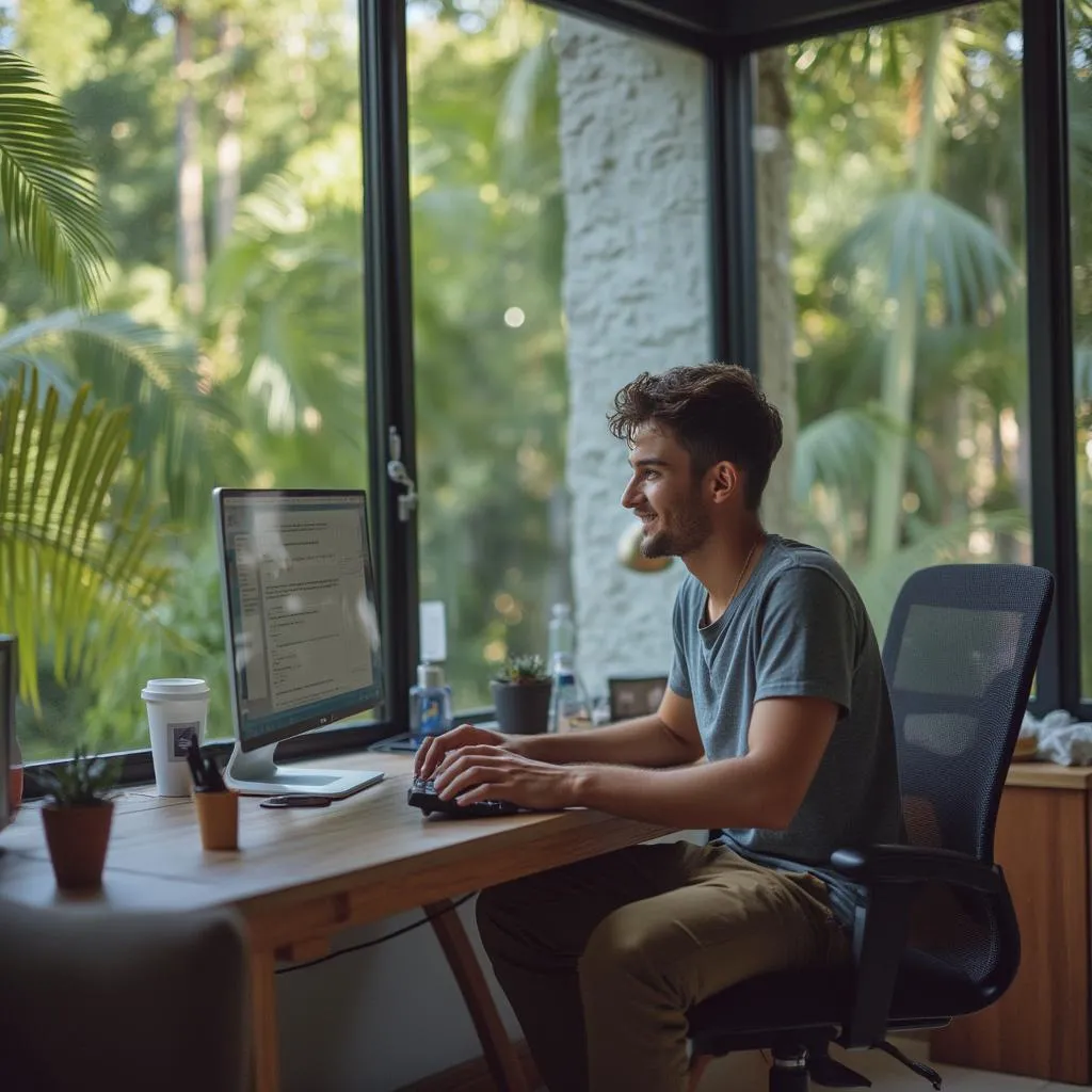 Persona trabajando remotamente desde casa
